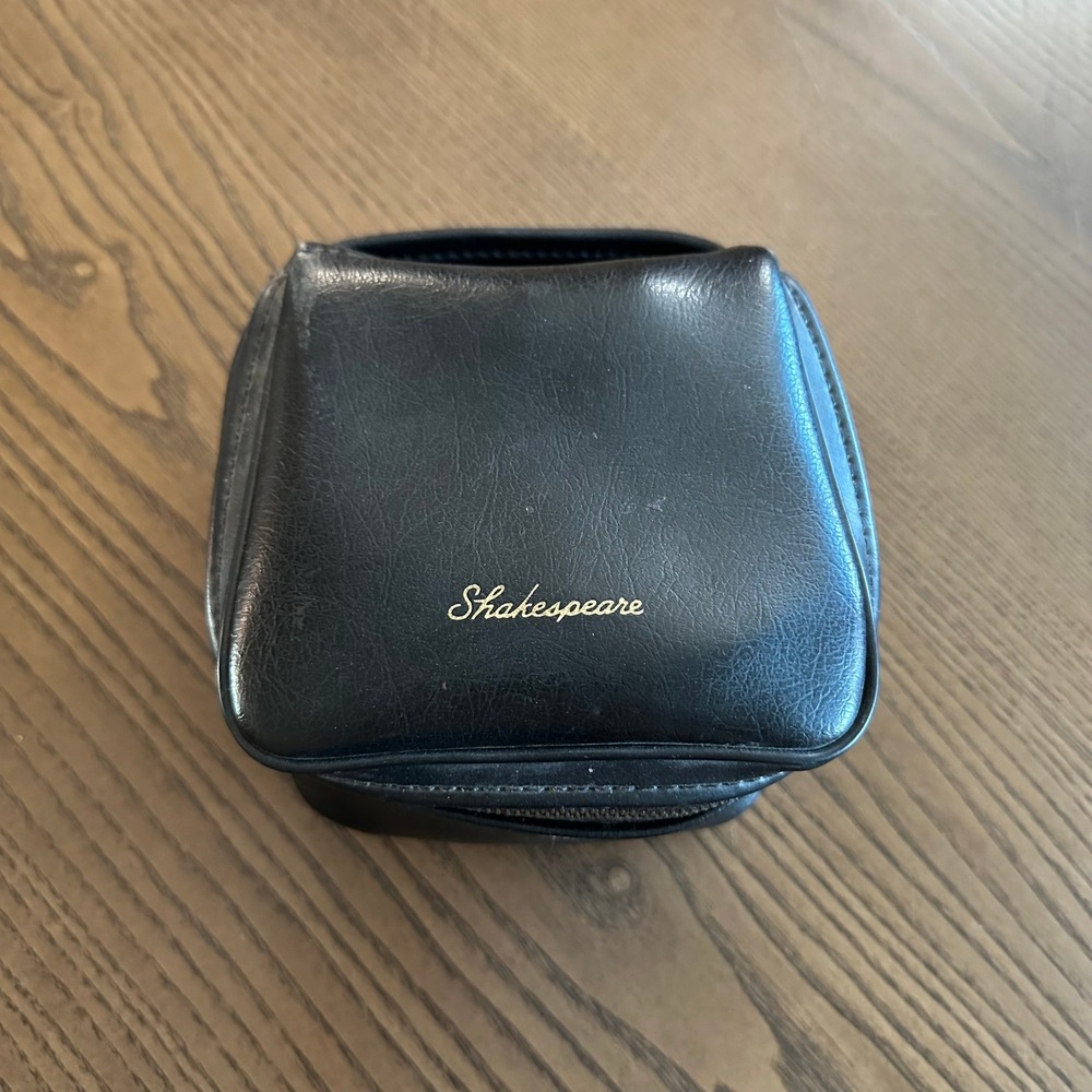 Vintage Shakespeare Fishing Reel Case Black Faux Leather Padded Zippered Bag